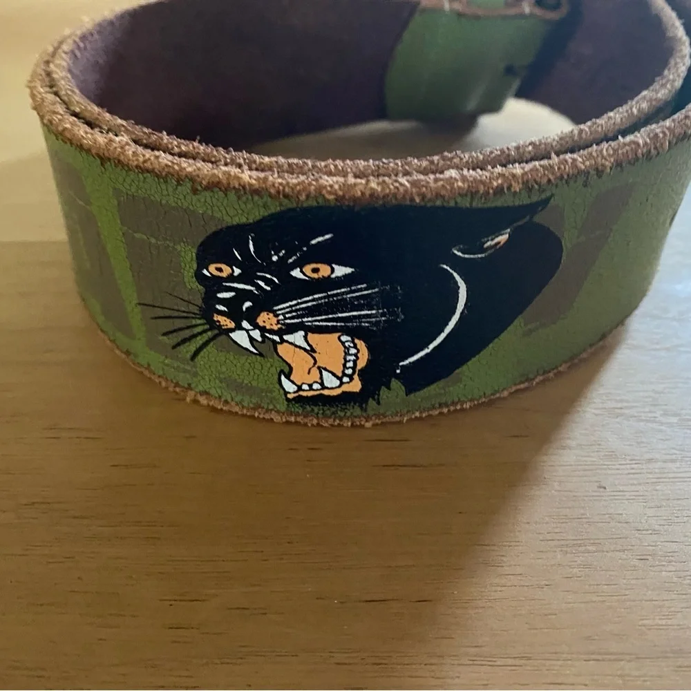 Vintage Ed Hardy Y2K Green Yellow Graphic Edgy Distressed Leather Panther Belt